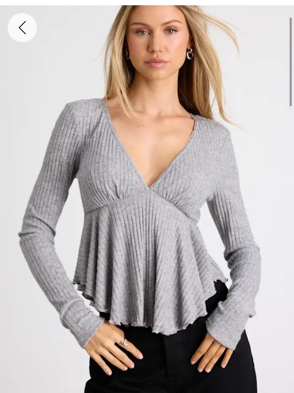 Ribbed V-Neck Peplum Long-Sleeve Top - Gray